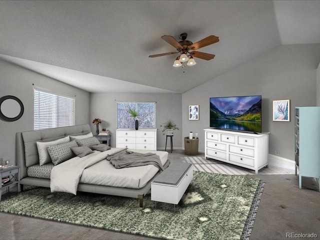 bedroom featuring lofted ceiling, carpet flooring, and ceiling fan