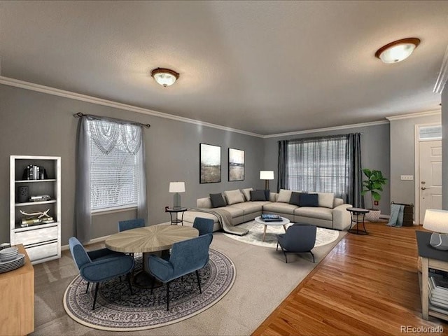 living room with hardwood / wood-style flooring and ornamental molding