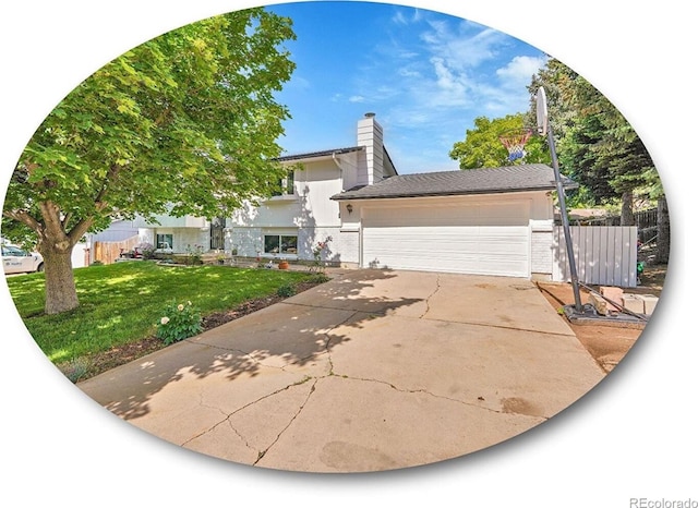13246 Deneb Dr, Lone Tree, CO 80124 - tri-level home featuring a chimney, concrete driveway, and a garage