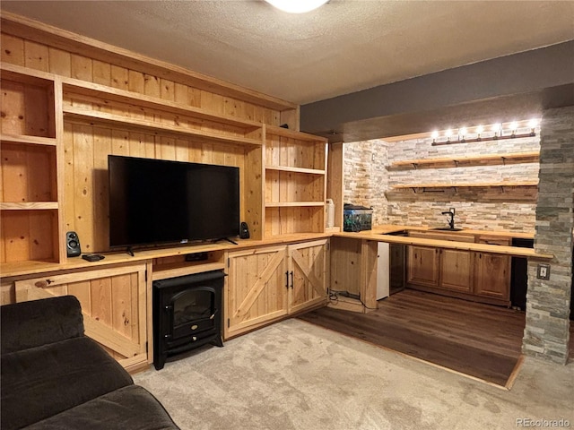 carpeted living room featuring sink, wooden walls, and a textured ceiling