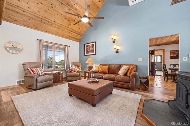 living room featuring visible vents, wooden ceiling, a wood stove, wood finished floors, and a ceiling fan