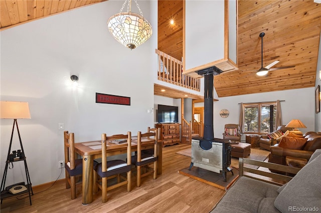 dining space with high vaulted ceiling, wood finished floors, wooden ceiling, ceiling fan, and a wood stove