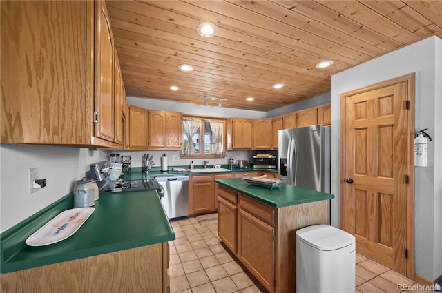 kitchen featuring wooden ceiling, light tile patterned flooring, appliances with stainless steel finishes, and a sink