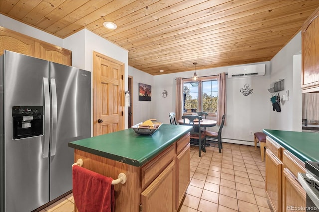 kitchen with an AC wall unit, range, dark countertops, and stainless steel fridge