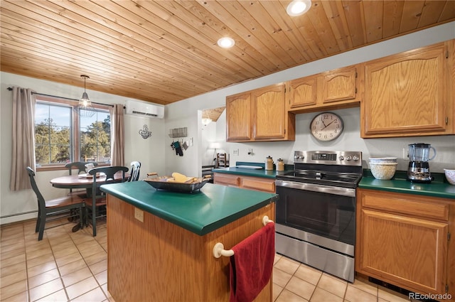 kitchen featuring dark countertops, stainless steel range with electric stovetop, light tile patterned flooring, and a wall unit AC