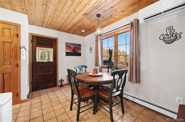 dining room featuring light tile patterned floors, baseboards, a wall mounted AC, a baseboard heating unit, and wooden ceiling