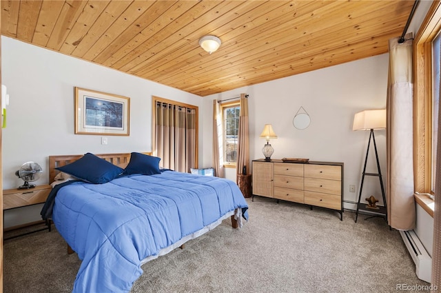 bedroom featuring a baseboard radiator, carpet, and wooden ceiling