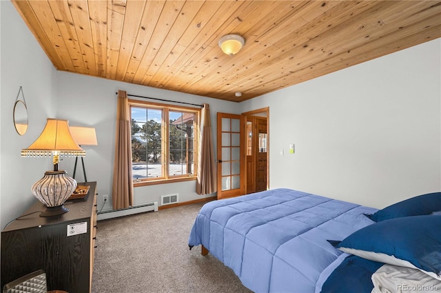 carpeted bedroom with wood ceiling, visible vents, and baseboard heating