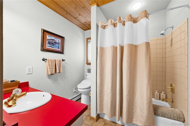 bathroom with a baseboard heating unit, toilet, shower / tub combo with curtain, wooden ceiling, and tile patterned floors