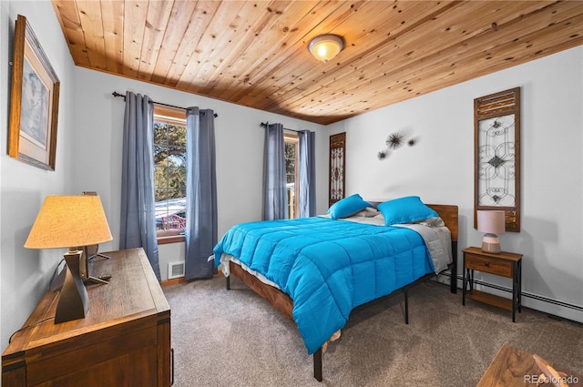 carpeted bedroom featuring wood ceiling, visible vents, and baseboard heating