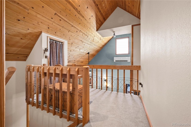 additional living space with wooden ceiling, carpet, baseboards, and lofted ceiling