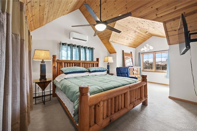 bedroom with carpet, baseboards, high vaulted ceiling, a wall mounted AC, and wooden ceiling