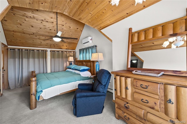 carpeted bedroom with wood ceiling, an AC wall unit, and vaulted ceiling