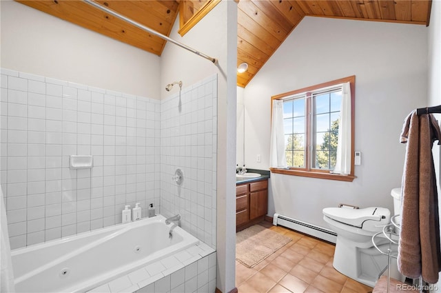 full bathroom with a combined bath / shower with jetted tub, vaulted ceiling, a baseboard heating unit, wooden ceiling, and toilet