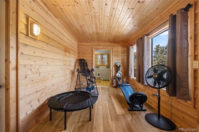 workout area featuring wooden ceiling, wood finished floors, and wood walls