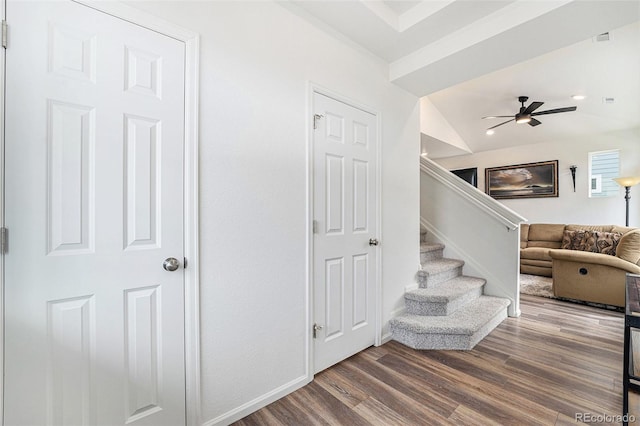 3934 N Quatar Ct, Aurora, CO 80019 - stairs with wood finished floors and ceiling fan