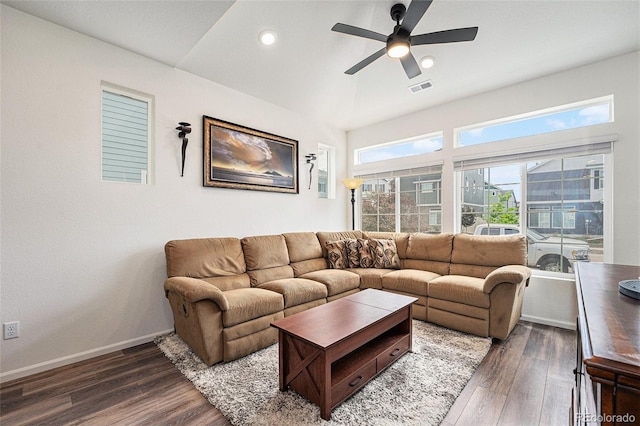 3934 N Quatar Ct, Aurora, CO 80019 - living room featuring wood finished floors, a ceiling fan, recessed lighting, and vaulted ceiling