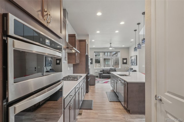 kitchen featuring sink, appliances with stainless steel finishes, dark brown cabinetry, light hardwood / wood-style floors, and decorative light fixtures