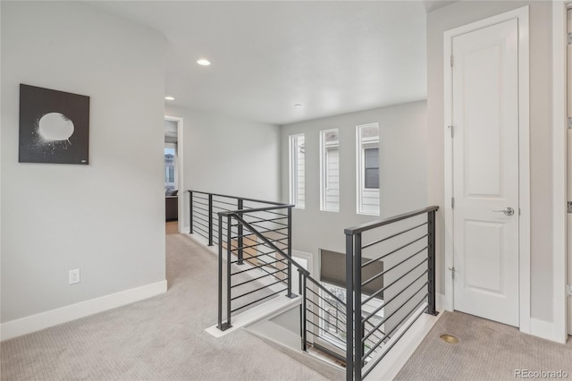 staircase featuring carpet