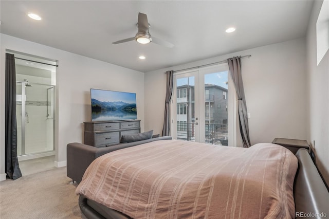 bedroom featuring ceiling fan, light colored carpet, connected bathroom, and access to outside