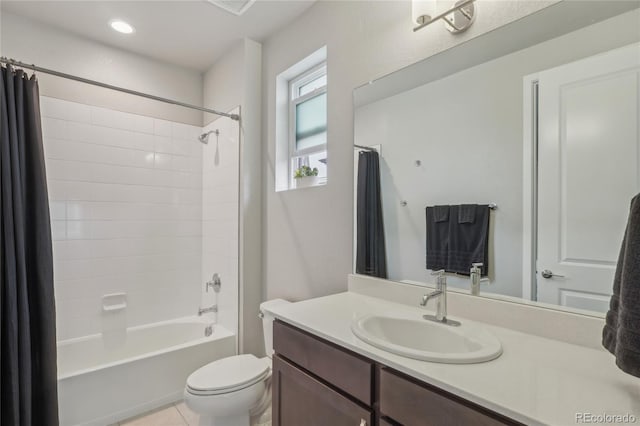 full bathroom with vanity, shower / bathtub combination with curtain, tile patterned floors, and toilet