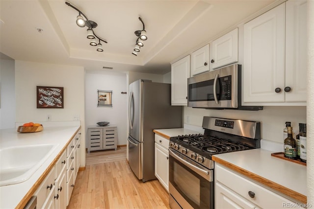 23624 Pondview Pl Unit G, Golden, CO 80401 - kitchen with appliances with stainless steel finishes, a raised ceiling, light wood-style flooring, and white cabinets