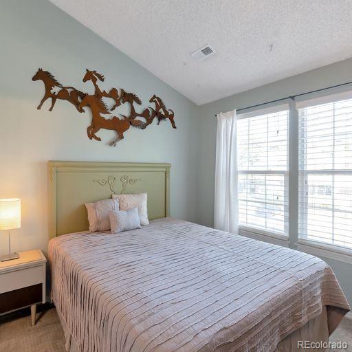 bedroom featuring vaulted ceiling, a textured ceiling, and carpet