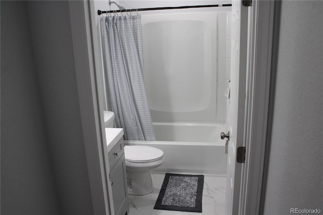 full bathroom with marble finish floors, vanity, toilet, and shower / bath combo