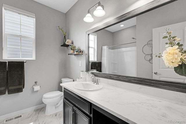 19210 E Pacific Pl, Aurora, CO 80013 - full bathroom with vanity, a shower with curtain, and marble look tiles