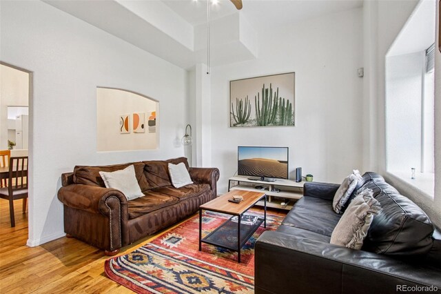 915 26th St, Denver, CO 80205 - living area with wood finished floors and a ceiling fan