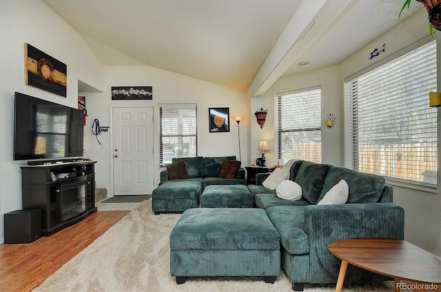 living area featuring plenty of natural light, lofted ceiling, and wood finished floors