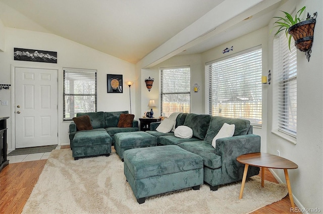 living area featuring baseboards, wood finished floors, and vaulted ceiling
