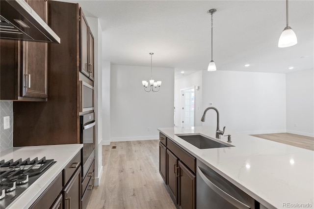 5271 Rendezvous Pkwy, Timnath, CO 80547 - kitchen featuring a sink, stainless steel appliances, light wood finished floors, decorative backsplash, and extractor fan