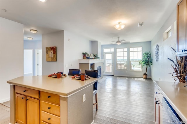 13456 Via Varra Unit 315, Broomfield, CO 80020 - kitchen featuring dishwasher, a glass covered fireplace, a ceiling fan, light countertops, and light wood-style flooring