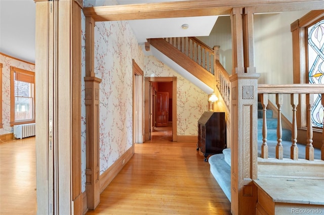 hall featuring radiator heating unit and light hardwood / wood-style flooring