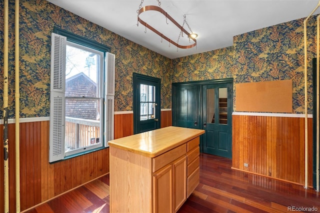 kitchen featuring dark wood-type flooring, a center island, and butcher block countertops