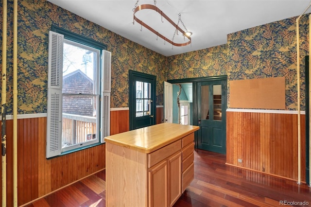 kitchen with a kitchen island, dark wood-type flooring, and plenty of natural light