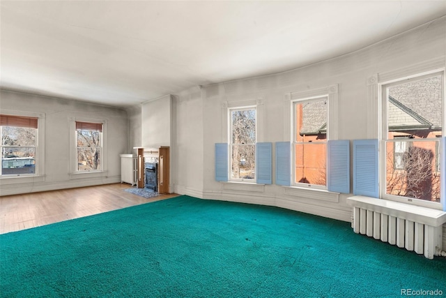 interior space with wood-type flooring and radiator heating unit