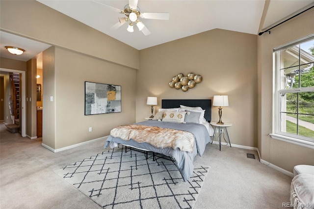 3240 W 114th Cir Unit D, Westminster, CO 80031 - bedroom with carpet flooring, vaulted ceiling, baseboards, and a ceiling fan