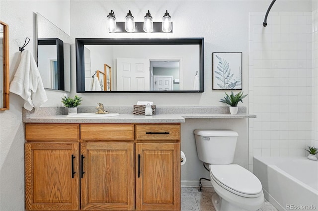 3240 W 114th Cir Unit D, Westminster, CO 80031 - bathroom featuring toilet, vanity, washtub / shower combination, and tile patterned floors