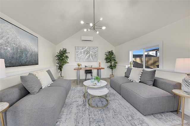 living room featuring vaulted ceiling, a wall mounted AC, hardwood / wood-style flooring, and a notable chandelier