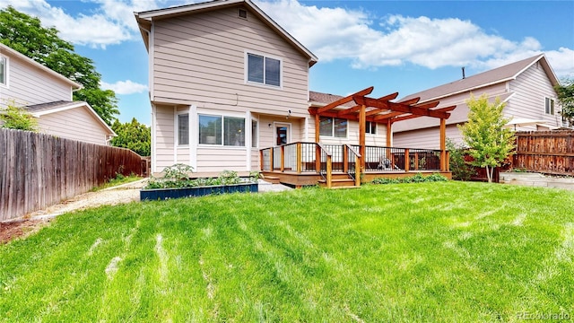 4164 E 135th Pl, Thornton, CO 80241 - rear view of property featuring a pergola, a fenced backyard, a deck, and a vegetable garden