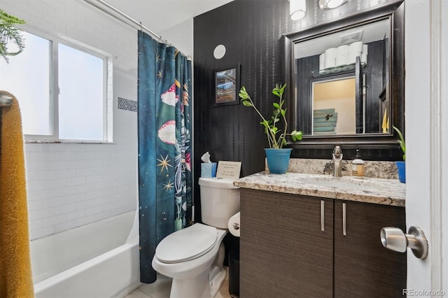 2870 Pontiac St, Denver, CO 80207 - full bath with vanity, toilet, shower / bathtub combination with curtain, and tile patterned floors