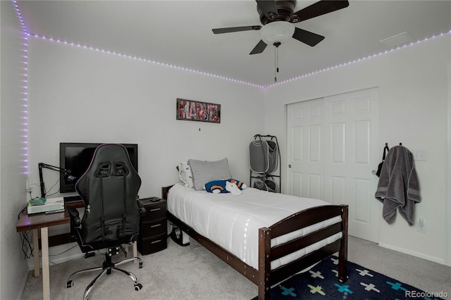 975 Alta St, Lochbuie, CO 80603 - bedroom featuring carpet, a desk, ceiling fan, and a closet