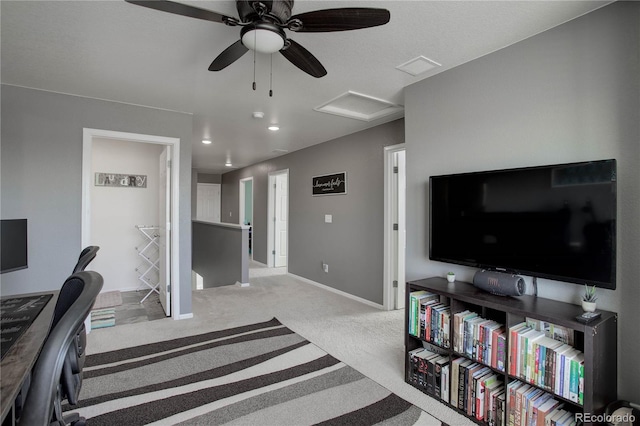 975 Alta St, Lochbuie, CO 80603 - home office with attic access, carpet floors, baseboards, ceiling fan, and recessed lighting