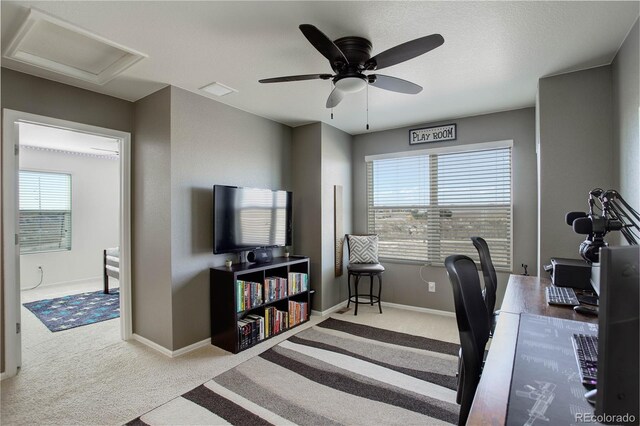 975 Alta St, Lochbuie, CO 80603 - carpeted home office with ceiling fan, attic access, and baseboards