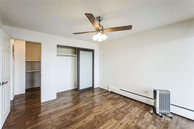 unfurnished bedroom featuring radiator, a closet, a ceiling fan, and wood finished floors