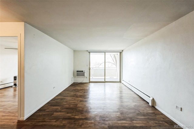 empty room with baseboards, wood finished floors, baseboard heating, floor to ceiling windows, and a wall mounted AC