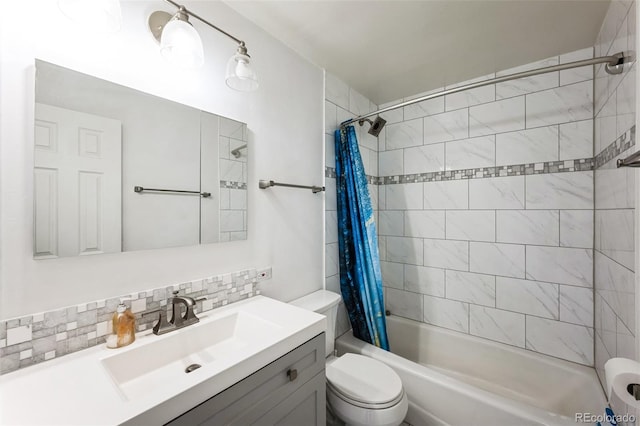 bathroom with shower / bath combo, vanity, toilet, and decorative backsplash