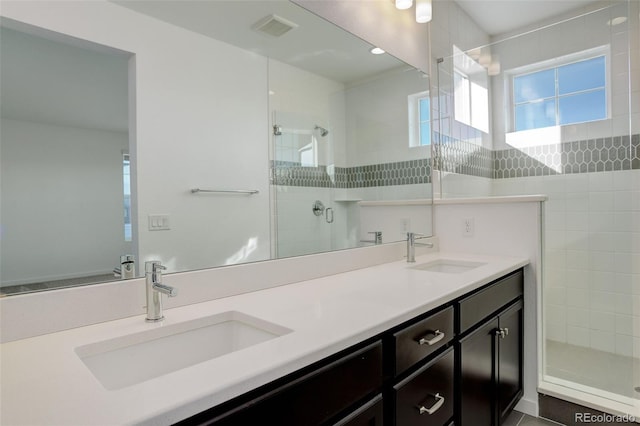 bathroom featuring vanity and a shower with door